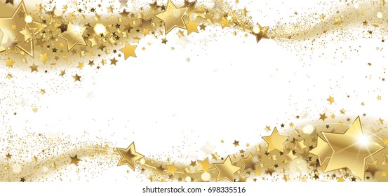 frame of golden sparkling stars on a white background