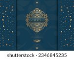Frame with golden vector ornament on a blue background. Elegant, classic elements. Can be used for jewelry, beauty and fashion industry. Great for logo, emblem, or any desired idea.