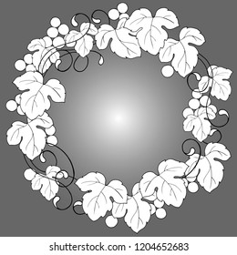 frame of grape leaves and berries in black and white