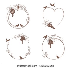 Frame from grapes and bird / Set vector illustration, floral design element