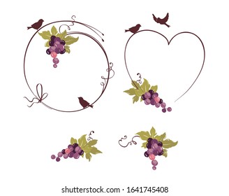Frame from grapes and bird / Set vector illustration, floral design element for wedding invitations