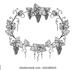 frame of grapes monochrome sketch. Hand drawn grape bunches.