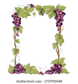 Frame From Grapes For Vine Label. Purple Grapes, Vector Illustration In Watercolor Style.