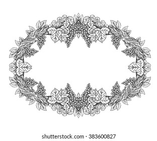 Frame with grapevine, bottle label, monochrome, oval