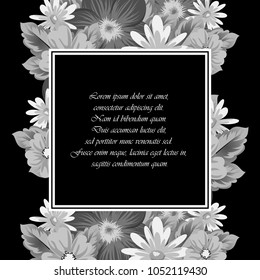 frame of gray flowers on a black background. For your design postcards, greeting for birthday, wedding and many more. Vector illustration.