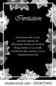 frame of gray flowers on a black background. For your design postcards, greeting for birthday, wedding and many more. Vector illustration.