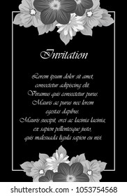 frame of gray flowers on a black background. For your design postcards, greeting for birthday, wedding and many more. Vector illustration.