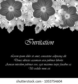frame of gray flowers on a black background. For your design postcards, greeting for birthday, wedding and many more. Vector illustration.