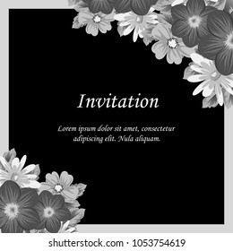 frame of gray flowers on a black background. For your design postcards, greeting for birthday, wedding and many more. Vector illustration.