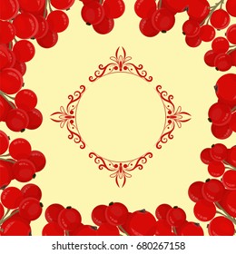 Frame of green branches with a red currant and a monogrammed frame on a yellow background
