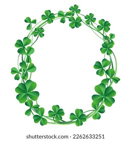 frame of green clover leaves, decor element for postcards, banners, flyers, four-leaf and three-leaf leaves symbol of st. patrick's day, traditional element of festivals and holidays of ireland