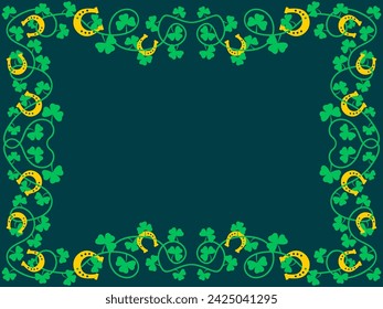 Frame with green clover leaves and horseshoes for St. Patrick's Day. Border with shamrocks and horseshoes. Design for greeting cards, flyers and invitations. Vector illustration