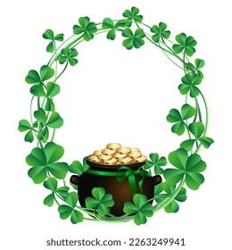 frame of green clover leaves and leprechaun cauldron with gold, decor element for postcards, banners, flyers, four-leaf and three-leaf leaves symbol of st. patrick's day, traditional element of festiv