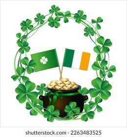 frame of green clover leaves and leprechaun cauldron with gold and Irish flag, decor for postcards, banners, flyers, four leaf and three leaf symbol of St. patrick's day, traditional holiday element