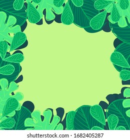 Frame of green different leaves. Spring or summer illustration in flat and doodle style with hand draw outline. Cute trendy botanical background. 