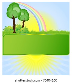 Frame with a green field trees, a rainbow and the rising sun