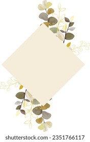 frame with green and gold leaves isolated on white background. Botanical art design
