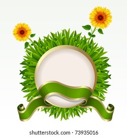 Frame with green grass and sunflowers on it on a white background. Mesh.