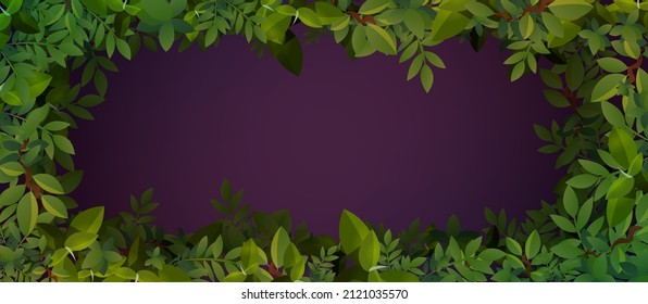 Frame of green leaves on dark background with copy space for text or image. Cartoon border design with lush foliage and branches, template for flyer, congratulation, invitation, poster, banner or card