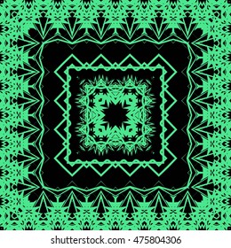 Frame of green lines, abstract, floral, vintage Green pattern of square frames on a black background.
