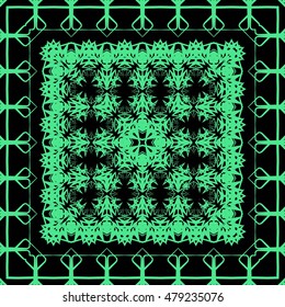Frame of green lines, abstract, floral, vintage Green pattern of square frames on a black background.
