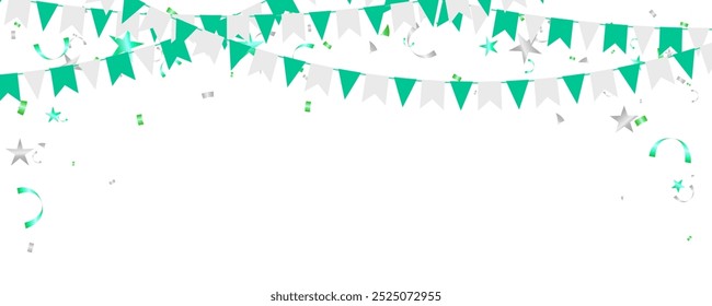 Frame green and silver bunting garland flag and confetti birthday party decoration elements