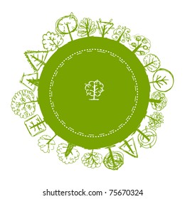 Frame with green sketch of different trees