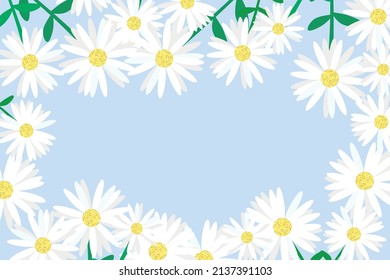 Frame of green stemmed daisies with copy space on blue background