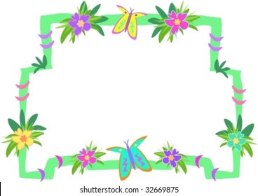 Frame of Green Sticks, Flowers, and Butterflies Vector