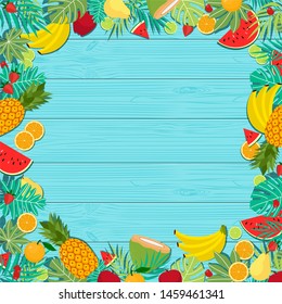 Frame of green tropical leaves and friuts on rustic wooden background. Nature concept banner template. Flat design vector illustration.