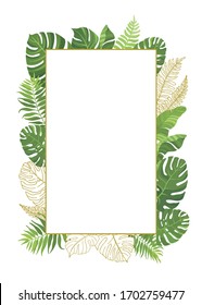 Frame with green tropical leaves and line art graphic. Floral border with place for text. Vector illustration.