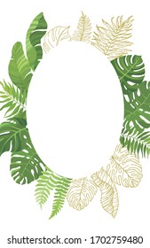 Frame with green tropical leaves and line art graphic. Floral border with place for text. Vector illustration.