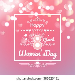 Frame Greeting card with Happy March 8, women's day on bokeh background, vector illustration