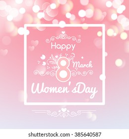 Frame Greeting card with Happy March 8, women's day on bokeh background, vector illustration