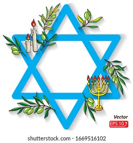 Frame, greeting card Jewish holiday traditional  symbols -blue  star David, menorah candles, olive branch,  isolated on white background,  Vector illustration