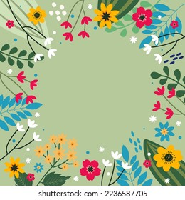 Frame for greeting card or postcard template with flowers, floral wreath. Modern festive vector illustration.