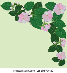 Frame for greeting or invitation card with garland of twigs and flowering quince, blooming branches, spring flowers on light green background