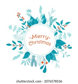 Frame greeting Merry Christmas and New Year. Winter template branch background for text xmas congratulations. Holiday berry, fir pine winter doodle design. Festive poster or greeting card