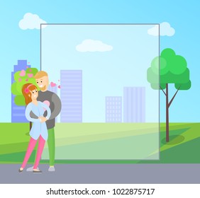 Frame for greetings boy and girl tenderly hugging, young lovers embracing each other, hearts over them, happy couple vector at skyscrapers in city park. Valentines day
