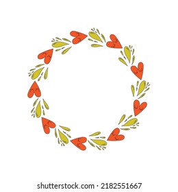 Frame groovy. Cute hippie round frame with leaves and hearts, doodle style
