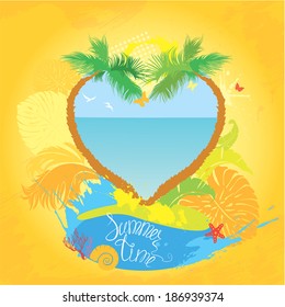 Frame In Grunge Style For Travel And Vacation Design - Two Palm Tree In Heart Shape