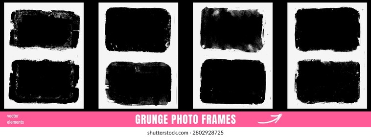 Frame grunge textured with rough edges for collage design. Worn rough frames by grange texture for rustic promo tags with distress vintage vibe. Vector set for poster wall print and social media bg.