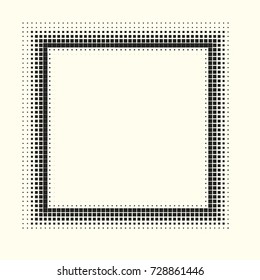 Frame halftone background. Vector retro dotted template for labels. White and black geometric gradient for pop art designs. Vintage backdrop with isolated pattern for cartoon book.
