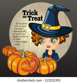 Frame with Halloween Background with witch in a hat and pumpkins. Grouped for easy editing. Perfect for invitations or announcements.