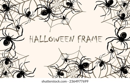 Frame for Halloween decoration made from cobwebs with spiders, vector illustration, design element for greeting card, invitation, banner.