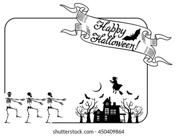 Frame with halloween house and skeleton. Vector clip art.