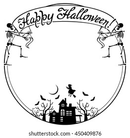 Frame with halloween house and skeleton. Vector clip art.