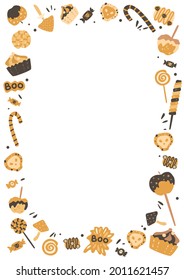 Frame with Halloween sweets. Border for holiday photos, invitations, cards. Template with copy space. Trick or treat. Candies, lollipop, cakes, caramel apple, skull cookies, tasty food for kids party