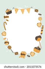 Frame with Halloween sweets, flags. Border for holiday photos, invitations, cards. Template with copy space. Trick or treat candies, lollipop, cakes, caramel apple, skull cookies for kids party