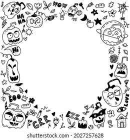 Frame with Halloween symbols. Doodle cute template. Funny, cute illustration for seasonal design, textile, decoration kids playroom or greeting card. Hand drawn prints and doodle.